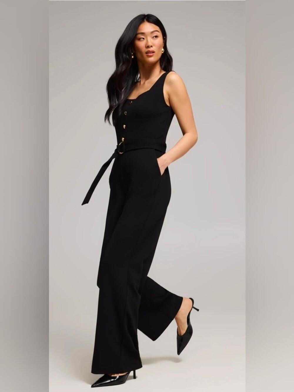 Reitmans Black Sleeveless Wide-Leg Jumpsuit with Belt